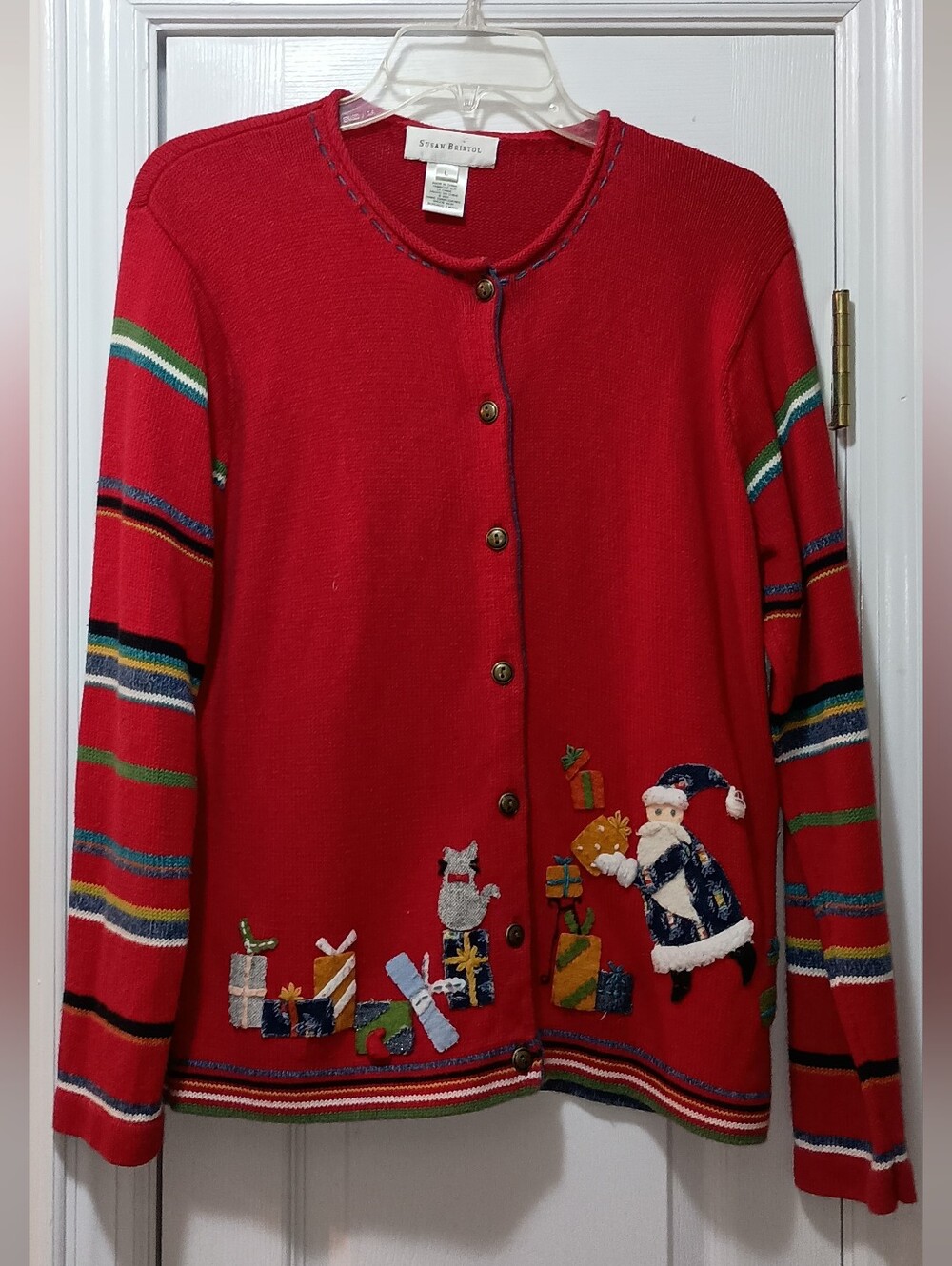 Vintage Susan Bristol Red Holiday  Cat Patch Work Sweater Size Large